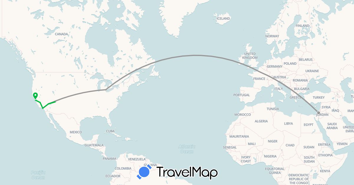 TravelMap itinerary: driving, bus, plane in France, Israel, United States (Asia, Europe, North America)