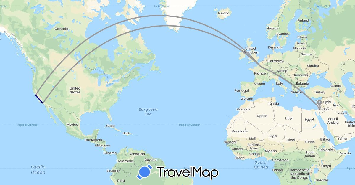 TravelMap itinerary: driving, plane in France, Israel, United States (Asia, Europe, North America)